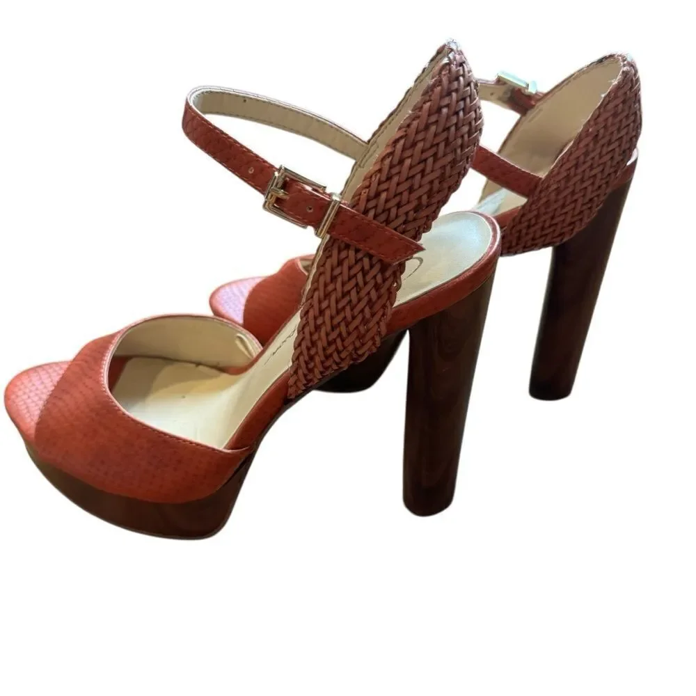 Jessica Simpson istilla burnt orange wood heel basketweave straps platform heels